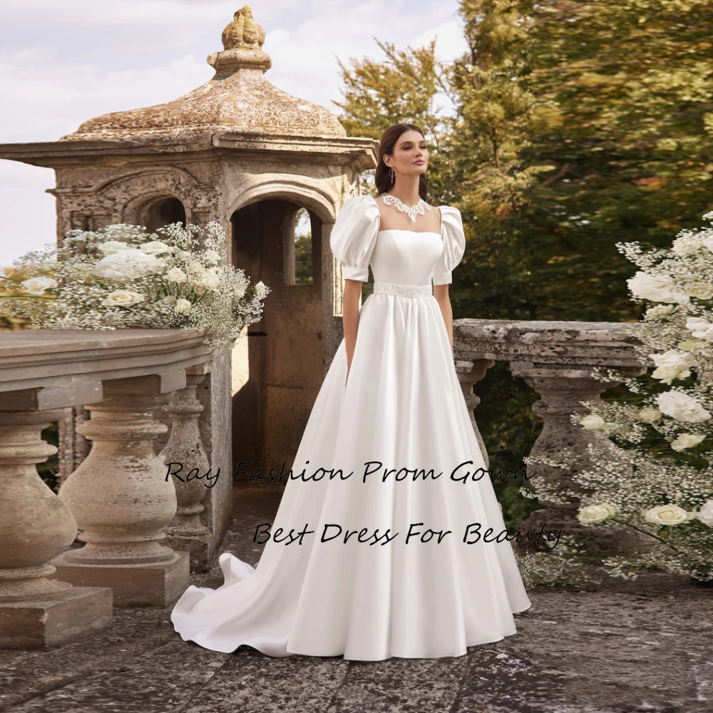 

Ray Fashion A Line Evening Dress Satin Square Neck With Short Puff Sleeves Lace Applique For Women Bride Gowns Vestido de novia