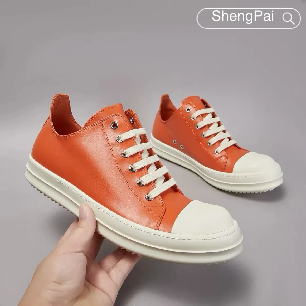 

Breathable Comfortable Sneakers for Men O-wen Orange Leather Shoes Lace Up Flat Sole Unisex Casual Sports Walking Shoes Non-Slip