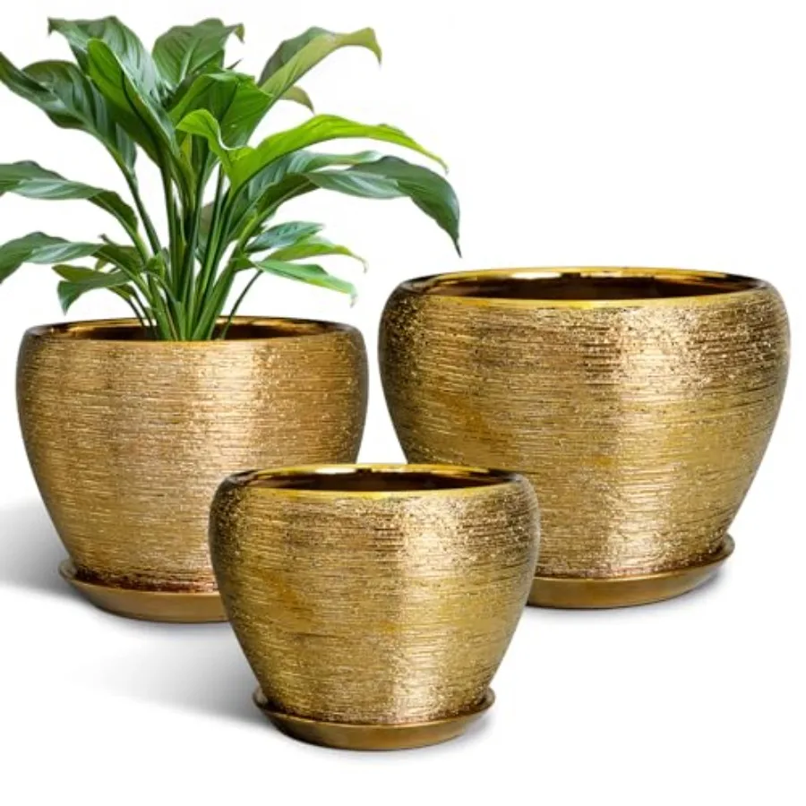 Indoor Outdoor Flower Pots - Ceramic Planters 10/8/6 Inch with Drainage Holes Saucers - Decorative Gold Large Pots Set of 3