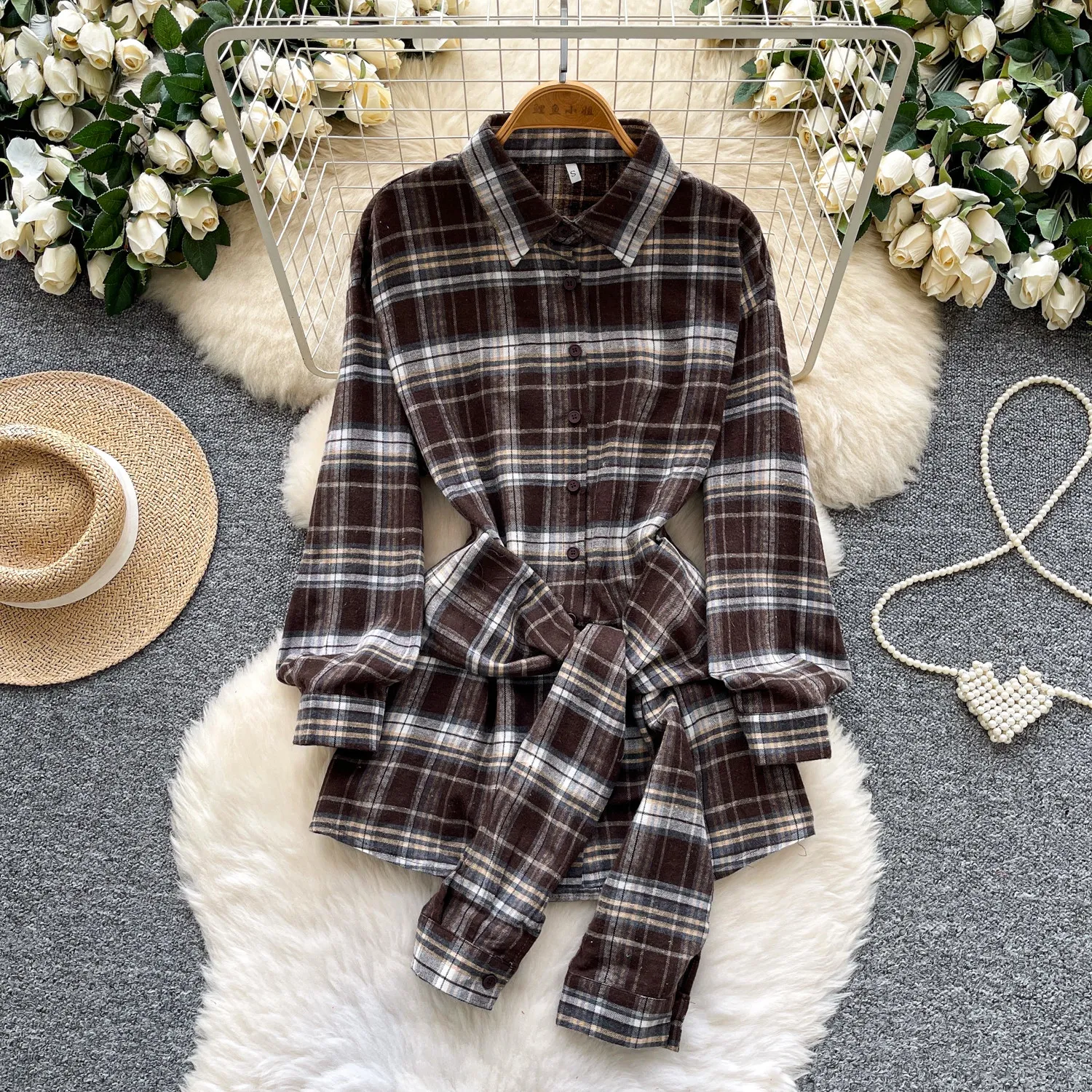 

SuperAen, клетчатые рубашки в японском стиле для женщин, весна 2026, новые свободные кардиганы с длинными рукавами и шнуровкой на талии