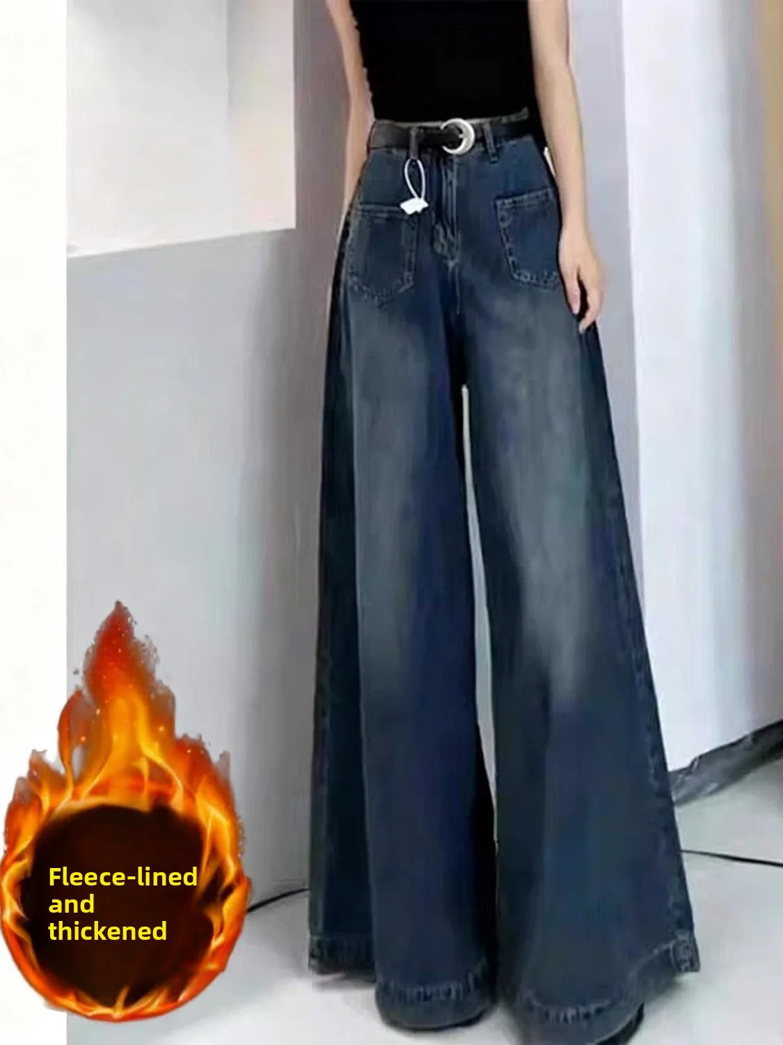 

plus Size Women's Vintage High Waist Wide Leg Jeans Autumn Winter Fleece Lined Thickened Loose Straight Long Trousers