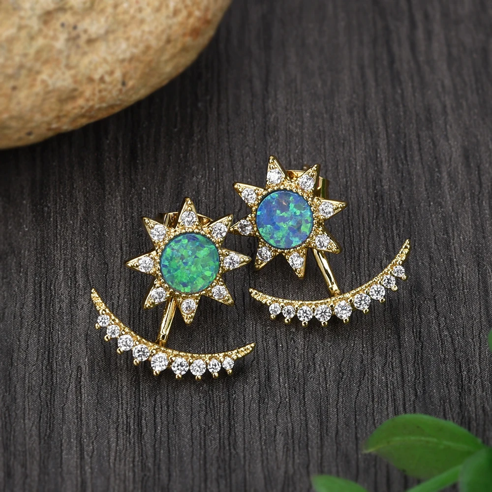

Fashion 18k Golden Plated Bezel Star Blue Opal Stud Earrings for Women, CZ Paved Moon Opal Earrings Jewelry