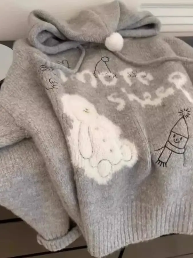 

Толстовка с капюшоном большого размера (300 Pou) с мультяшной вышивкой, осенняя, мягкая, свободная, вязаная верхняя одежда в стиле Lazy Sle