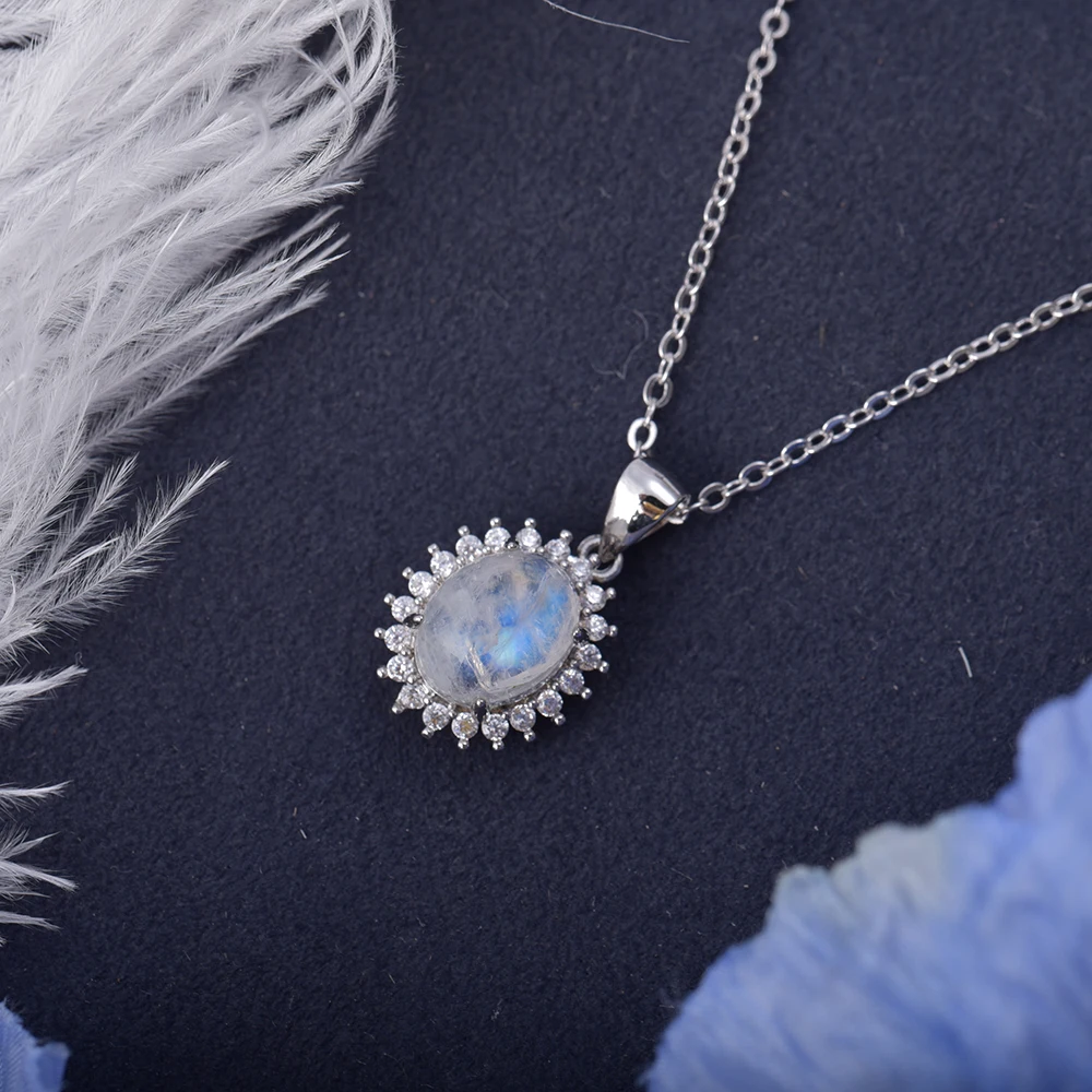 ITSMOS Natural Moonstone Silver Pendant Necklace Blue MoonLight Gemstone Necklace for Women Romantic Dainty Jewelry