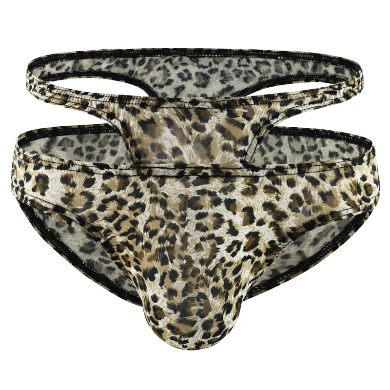 Leopard Print Brief for Men Sexy U Convex Pouch Underwear Fake Two Piece Hip Hugging Fun Panties Gays Erotic Hollow Out Knickers