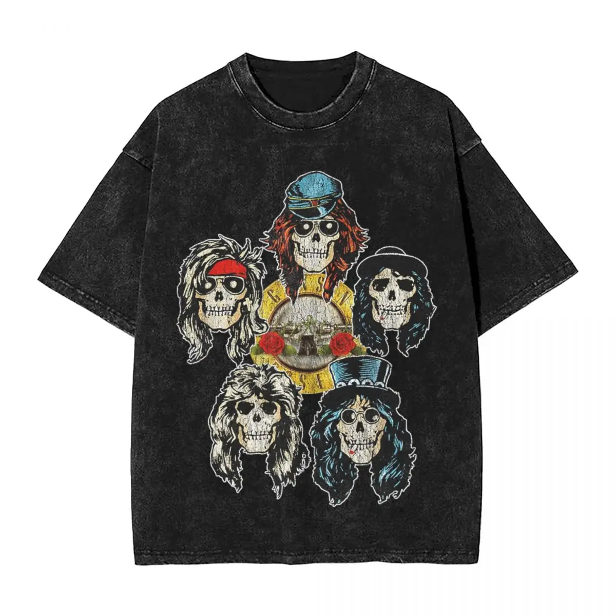 Washed T Shirts Guns N Roses Skull Heads Hip Hop Novelty T-Shirts Oversize Streetwear Cotton Printed Tops Tees for Men Women