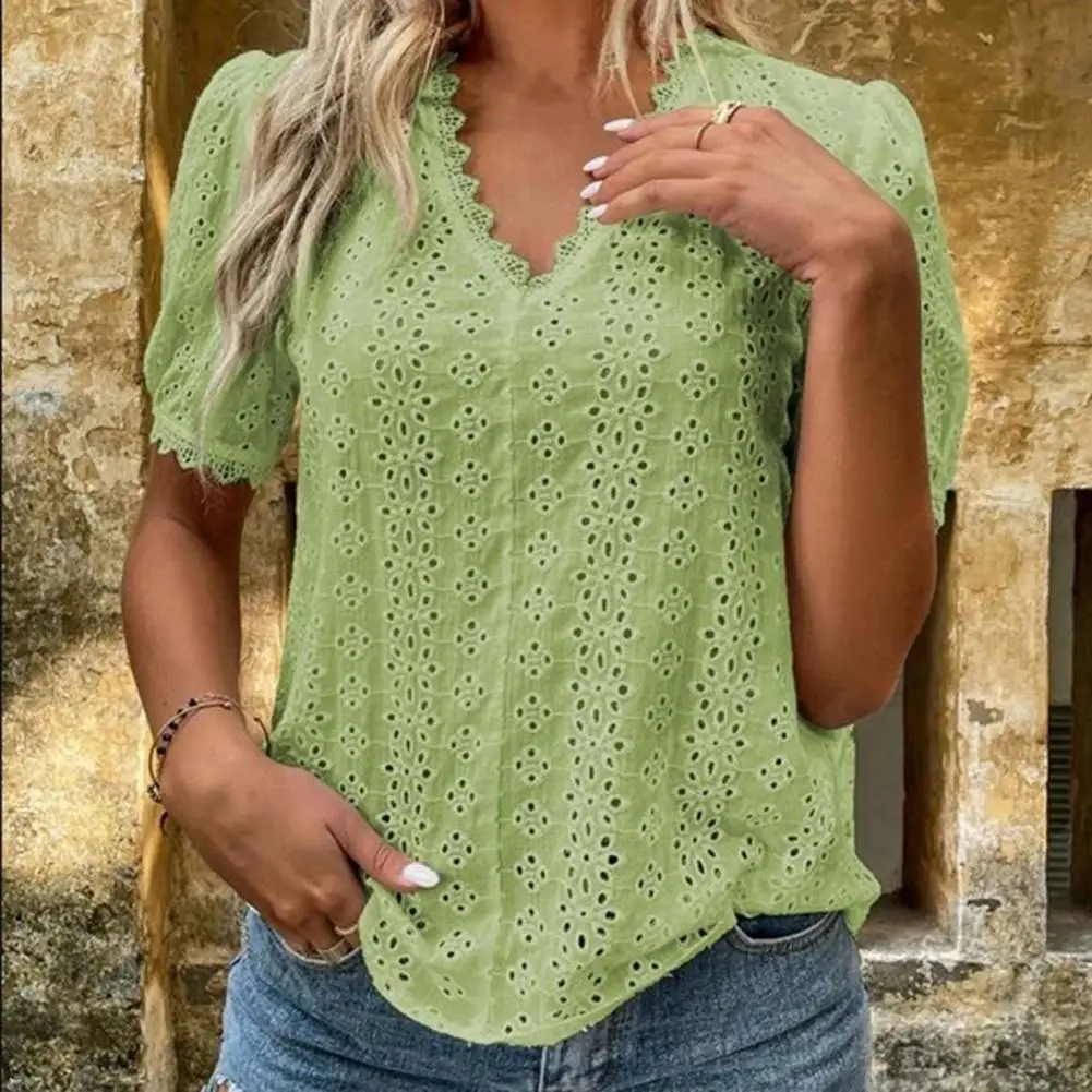 2022 Summer Women Blouse V-Neck Short Puff Sleeve Solid Color Lace Spliced Hollow Leisure Pullover Top Office Lady Elegant Shirt