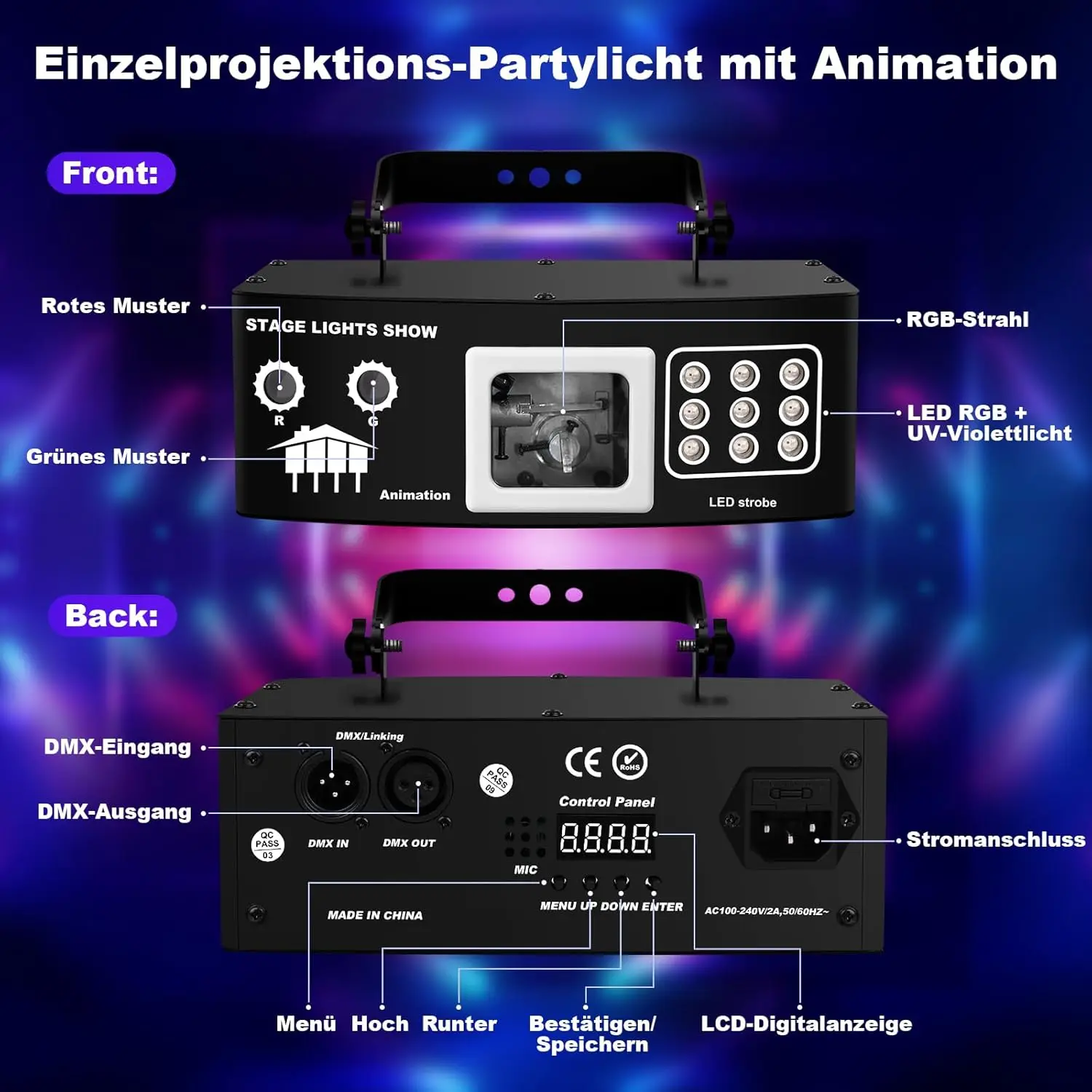 أضواء المسرح WUZSTAR-DMX، ليزر الديسكو، ضوء نادي DJ Party Light، تأثير شعاع RGBW للحفلات، شريط عيد الميلاد، العرض المباشر، 4 في 1