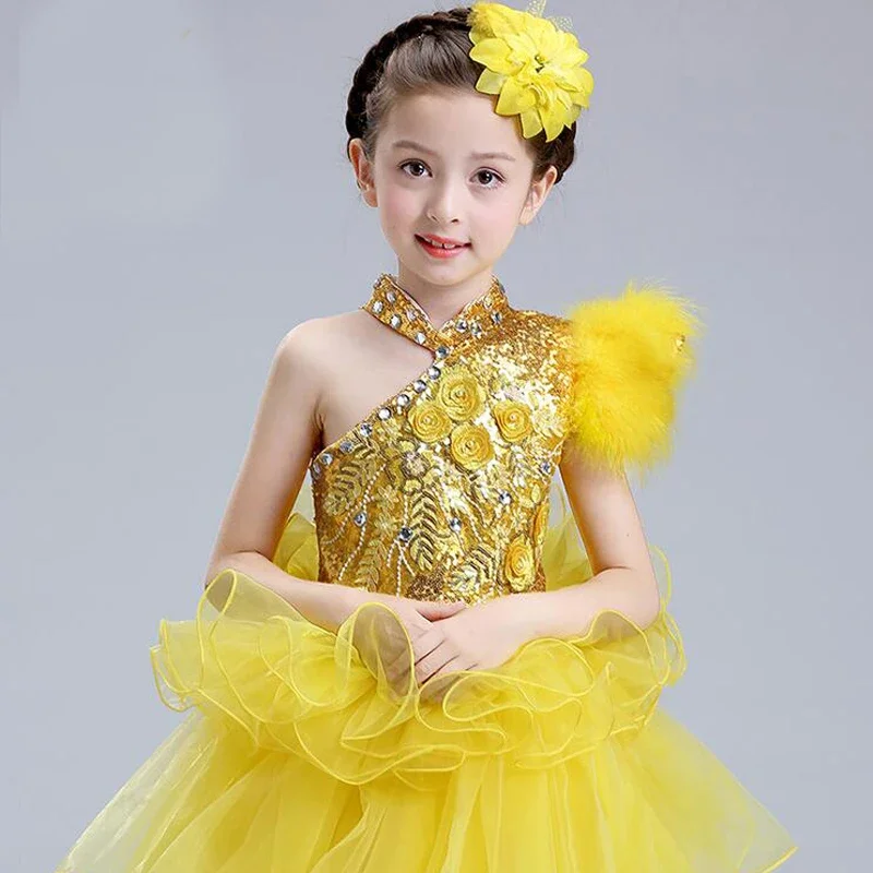 Vestido de princesa sem ombro com lantejoulas para meninas, roupas para concertos infantis, traje de dança jazz, roupas para criança