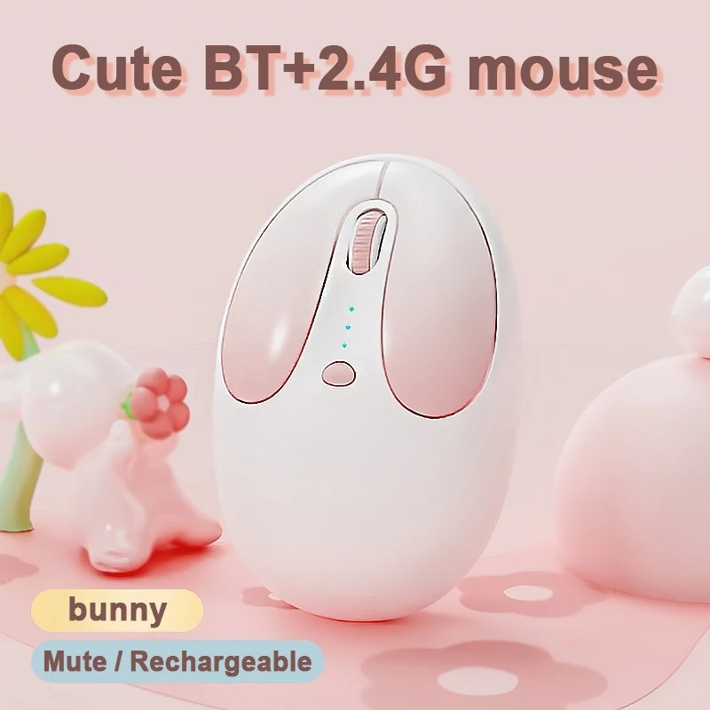 Cute 2.4G + Bluetooth Wireless Optical Mouse Portable Dual-mode Connection Rabbit Shape Recharge Mice for Laptop PC Tablet Ipad