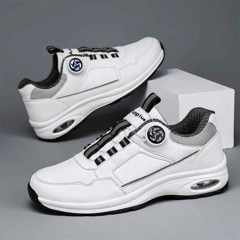 Men's Sports Shoes New Leather Waterproof Sports Shoes Men's Rotating Mouth Elastic Design Market Outdoor Leisure Running Shoes