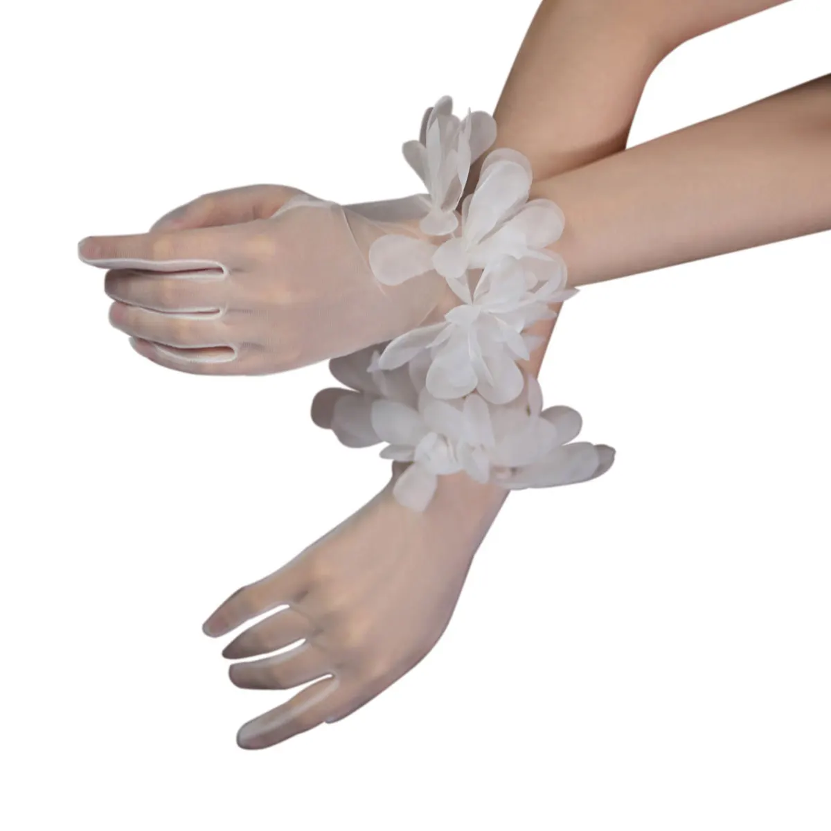 Wg095 Bruiloft Bruidshandschoenen Zachte Tule Druif Bloemen Ruches Rand Witte Korte Bruiden Bruidsmeisje Handschoenen Voor Vrouwen Prom Verkiezing