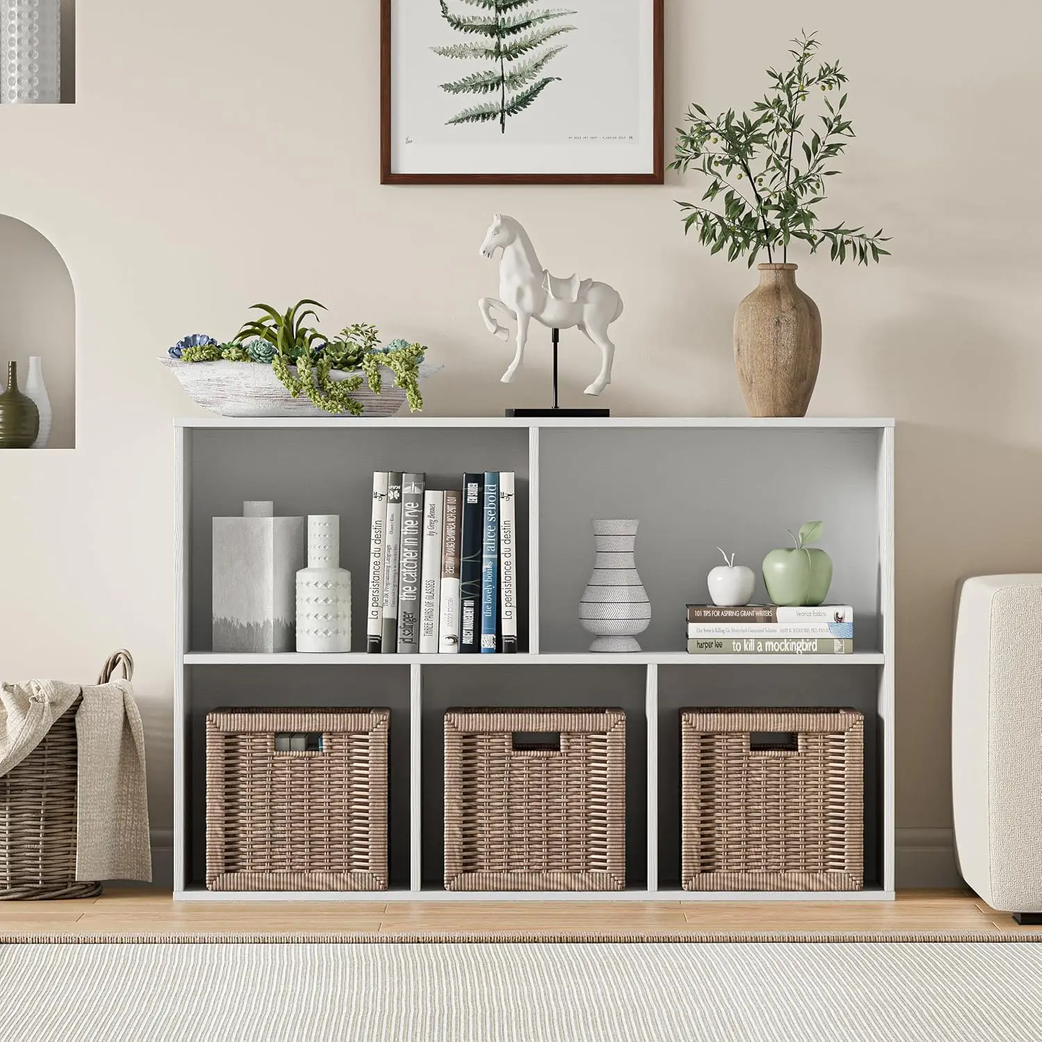 Wooden Cube Storage Organizer Closed Back 11in Opening Bookshelf Display Cabinet Home Office White 5-Cube 36x9x24in, Customized