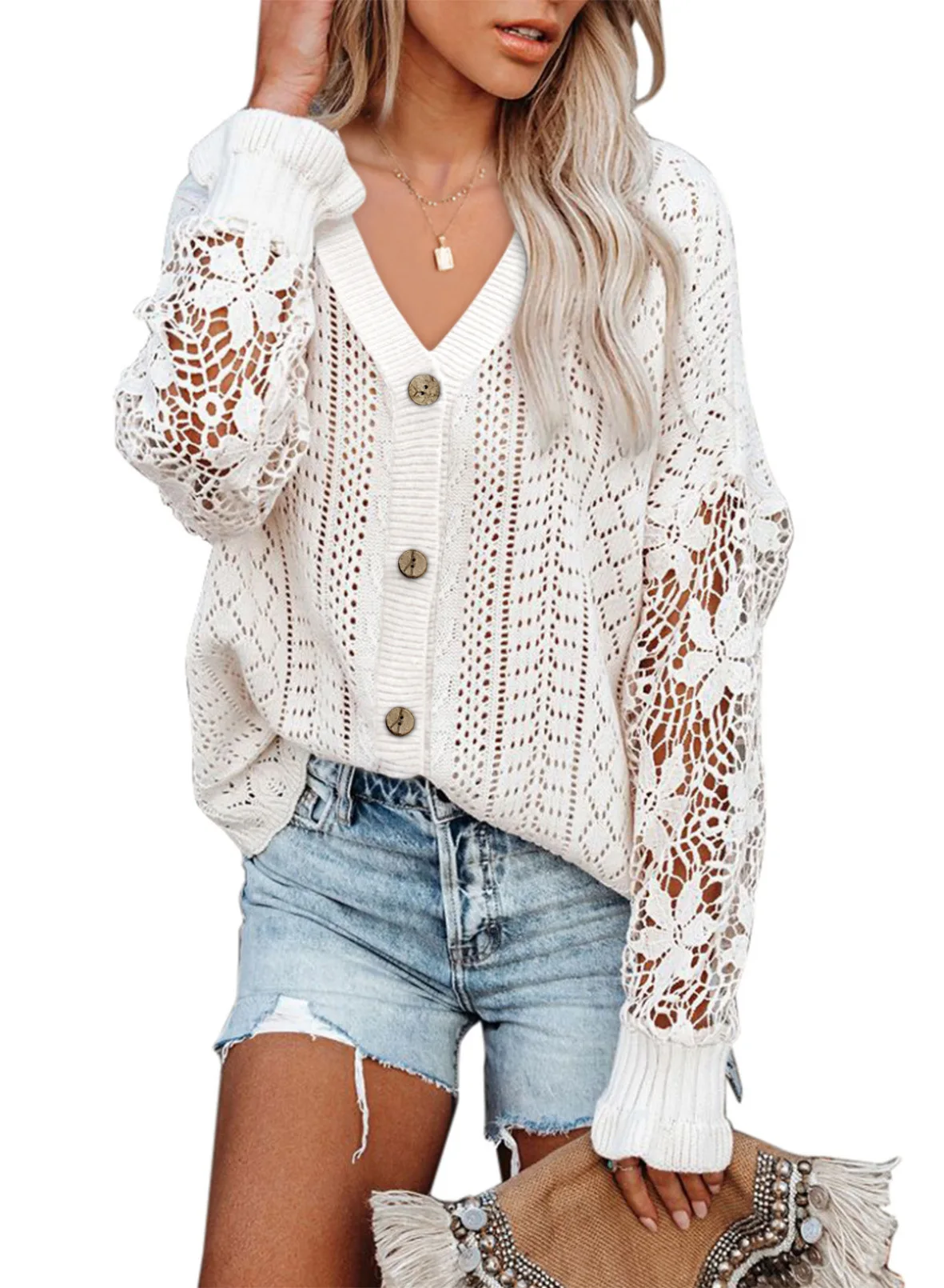 

Autumn Winter white Ribbed Knit cardigan for women Clothes Single Breasted V Lapel Long Sleeve Knitted Buttons-up Sweater jumper