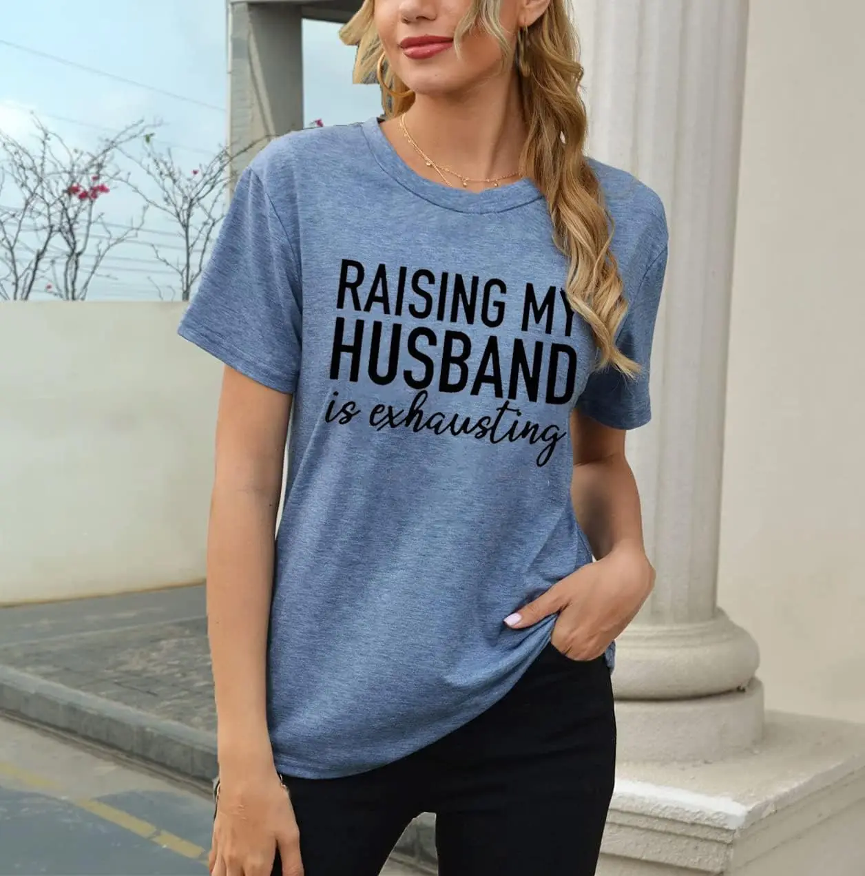 Women Raising My Husband Is Exhausting T Shirts Wife Funny Saying Novelty Athletic Shirt Letter Graphic Tee Tops