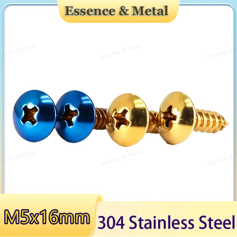 304 Stainless Steel Titanium Blue/Gold Large Pan Head Self Tapping Screws M5 x 16mm for Motorcycle Modification Decorative Bolt