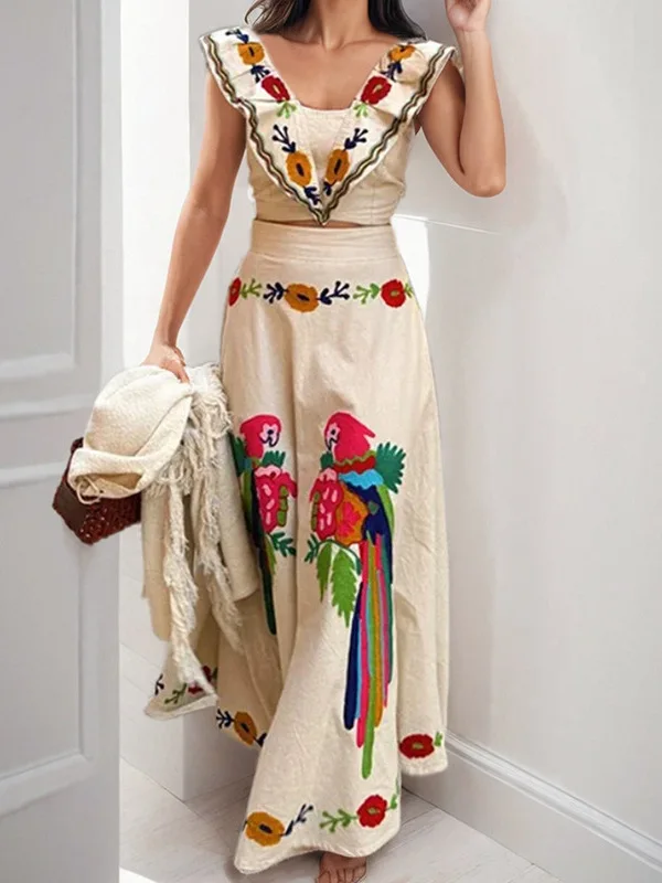 

Комплект из топа и юбки с принтом Ele n Print: женский модный комплект с эффектом похудения, с завышенной талией, расклешенными рукавами, для праздников, из полиэфирного волокна