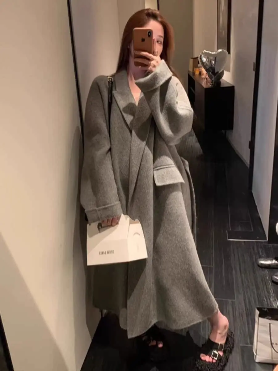 Casual Women Handmade Double Cashemire Coat Wool Warm Coat Loose Lapel Long Sleeve Natural Jacket Fashion Female Clothing Winter