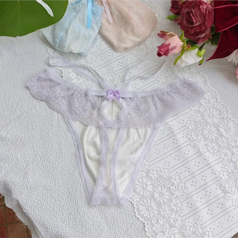 Man's Thong Bow Lace Flower Lingerie Seamless Low Waist Convex Pouch French Style T-back Hollow Transparent Lace Mesh Briefs