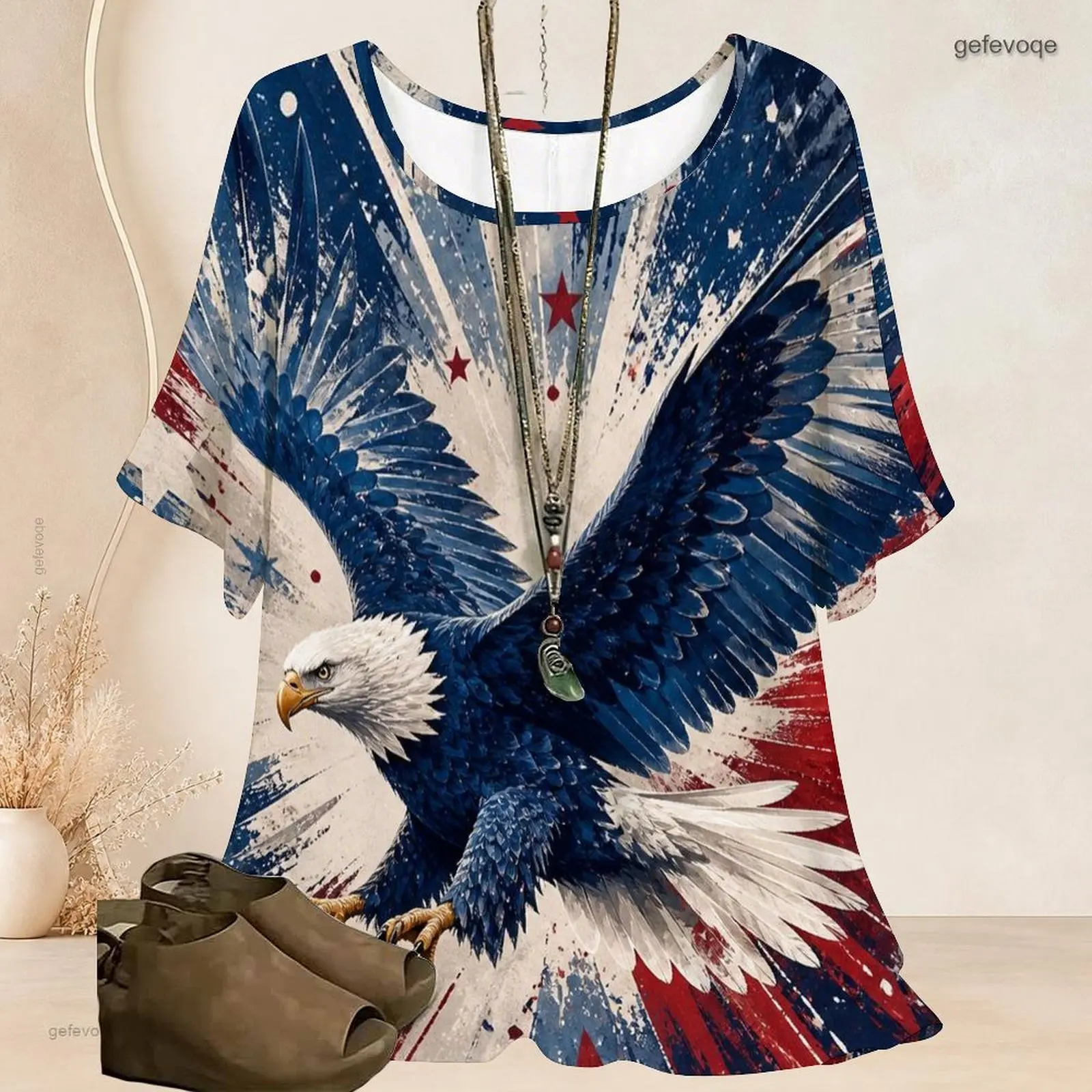 Women Rainbow Layered Heart Star Printed Round Neck Loose Batwing Short Sleeve Curved Hem Top