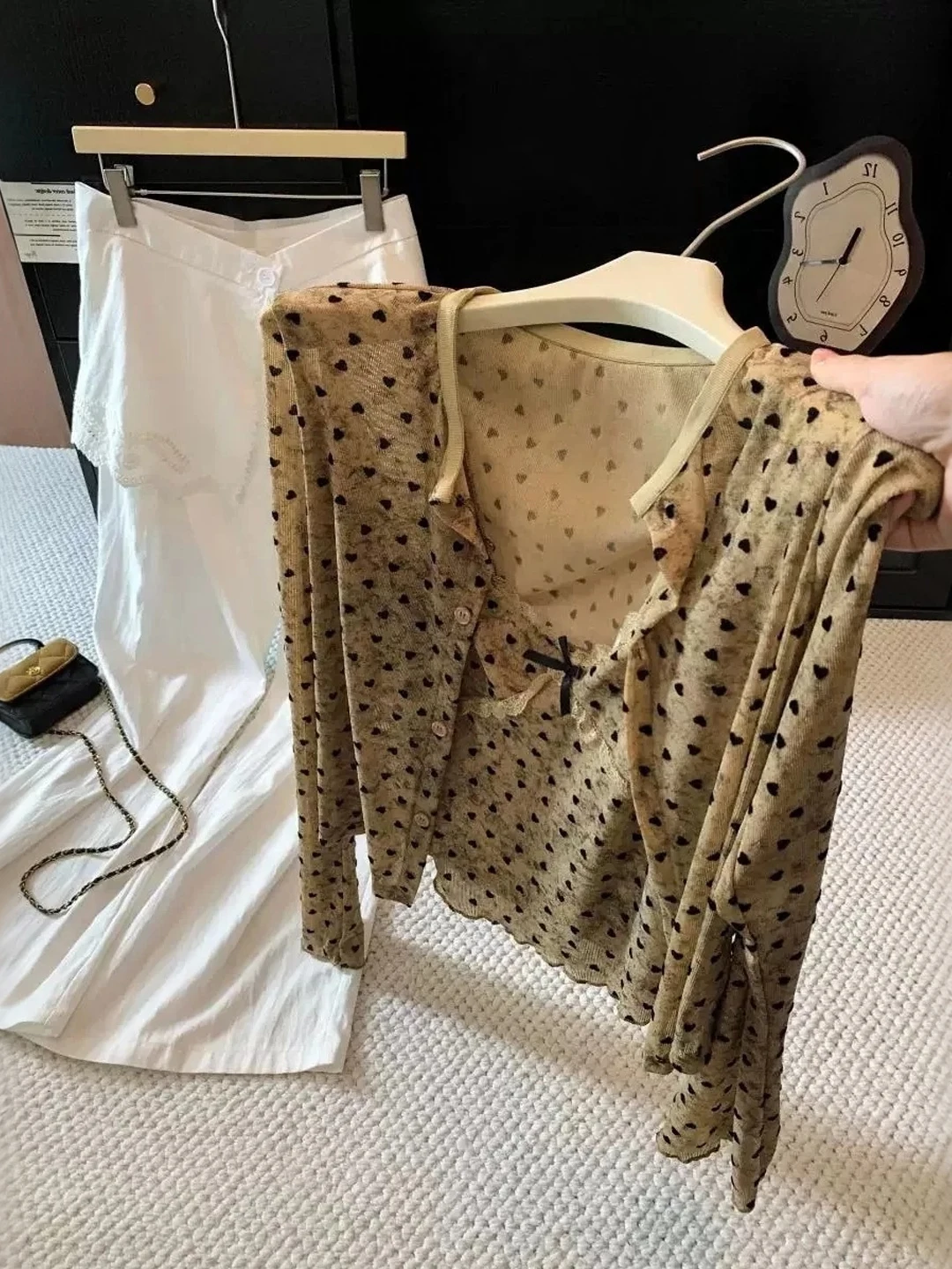 Sun Protection Long Sleeve Polka Dot Open Cardigan Summer Tank Top Set Bright Thread Ladies Commute Style Knitted Wear