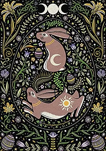 Laquaud Art Wall Decor Easter Pagan Witch Wicca Spring Hare Moon Rabbit Gift Folk Floral Flowers Animal Cute Metal Tin Sign Post