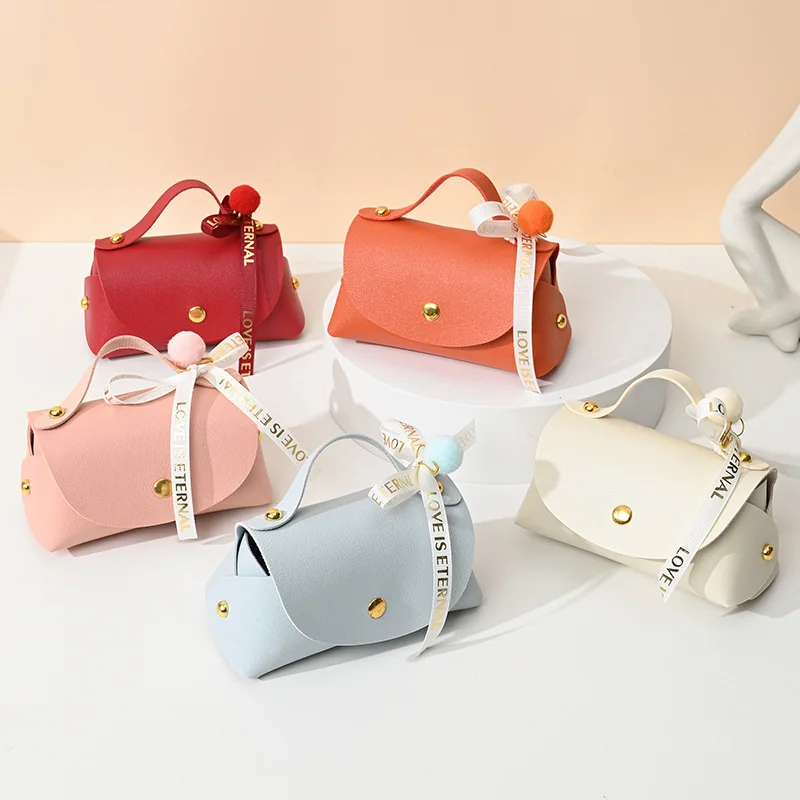 1pcs Leather Gift Bags Bow Ribbon Packaging Bag Wedding Favour Distributions Bags Baby Birth Candy Packaging Box Mini Handbag