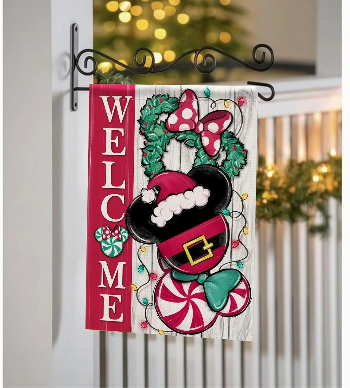 Welcome Christmas Santa Decorative Garden Flag, Xmas Peppermint Candy Wreath Ornament Yard Outside Decorations, Winter Holid WWP