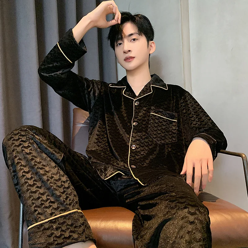 

Зимние мягкие золотые бархатные мужские пижамы, комплект кардигана, корейские жаккардовые брюки с длинными рукавами, домашняя одежда, плотная теплая домашняя одежда