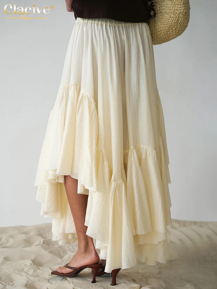 Clacive Fashion Loose Beige Women's Skirt 2025 Casual High Waist Long Skirt Elegant Classic Pleated Skirt Female Clothing