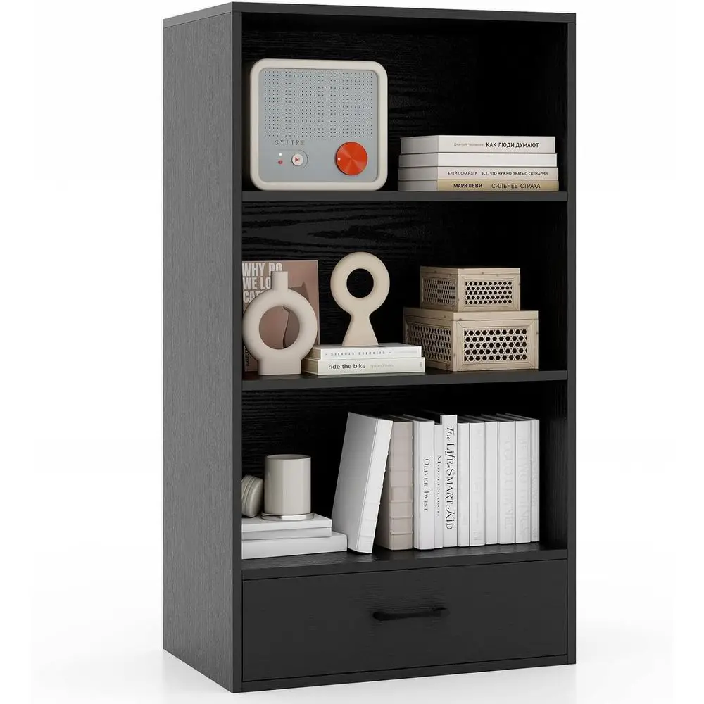

3-Tier Standing Bookshelf, 42.5 Tall with 3 Open Shelves, Drawer, Anti-Tip Devices, Display Storage Organizer for Home or Office