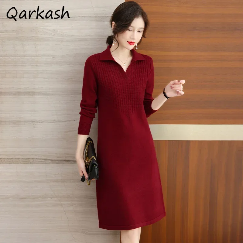 

Женские платья с длинным рукавом, новый темперамент, тонкие трапециевидные платья средней длины с отложным воротником, вязаные, осенне-зимние, элегантные, мягкие, уютные