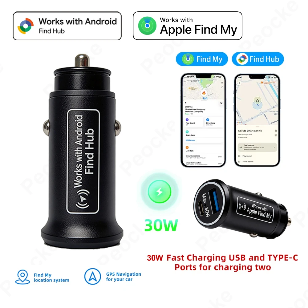 

Автомобильное зарядное устройство 30 Вт с GPS-трекером и быстрой зарядкой USB Type-C, совместимое с iOS или Google Android, устройство для поиска и защиты от потери GPS-трекера