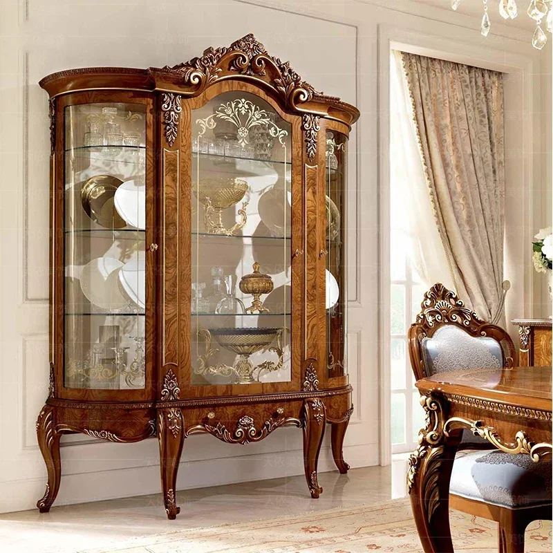 American three-door solid wood wine cabinet living room semi-round storage display cabinet