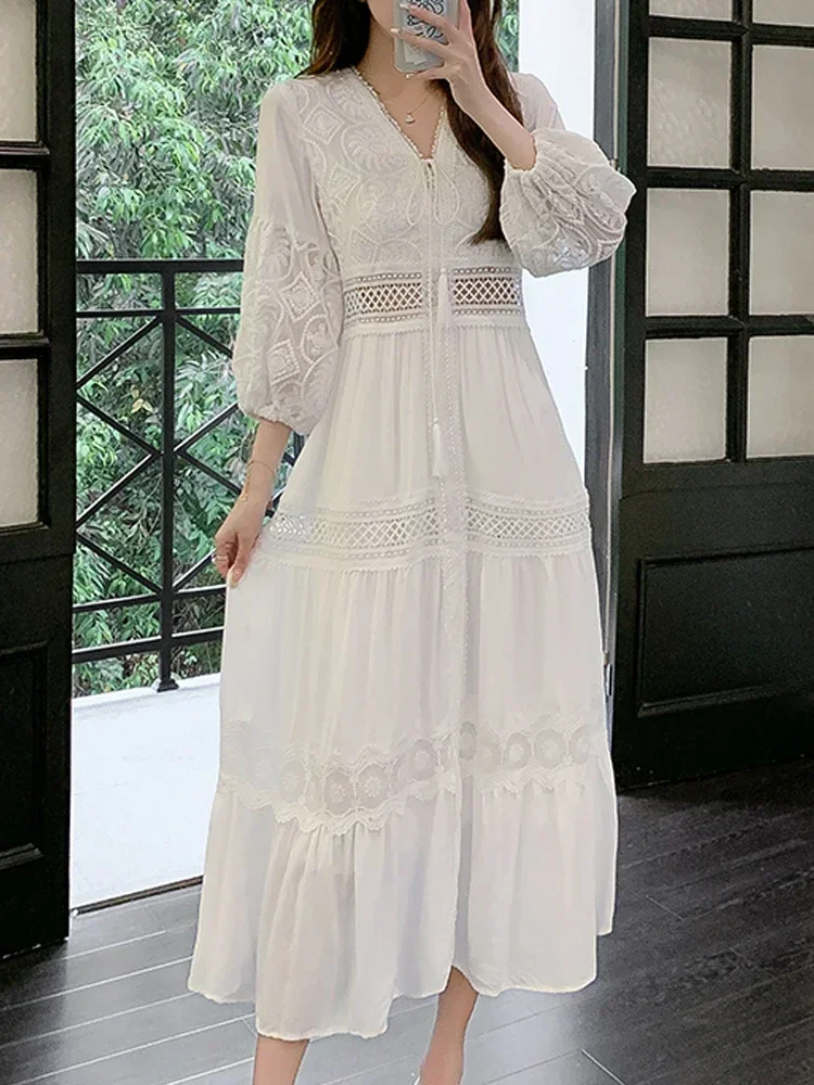 2024 White Long Dress Women Summer Boho Lace Dresses Female Beach Holiday Hollow Out Dress Ladies Elegant Vintage Loose Vestidos