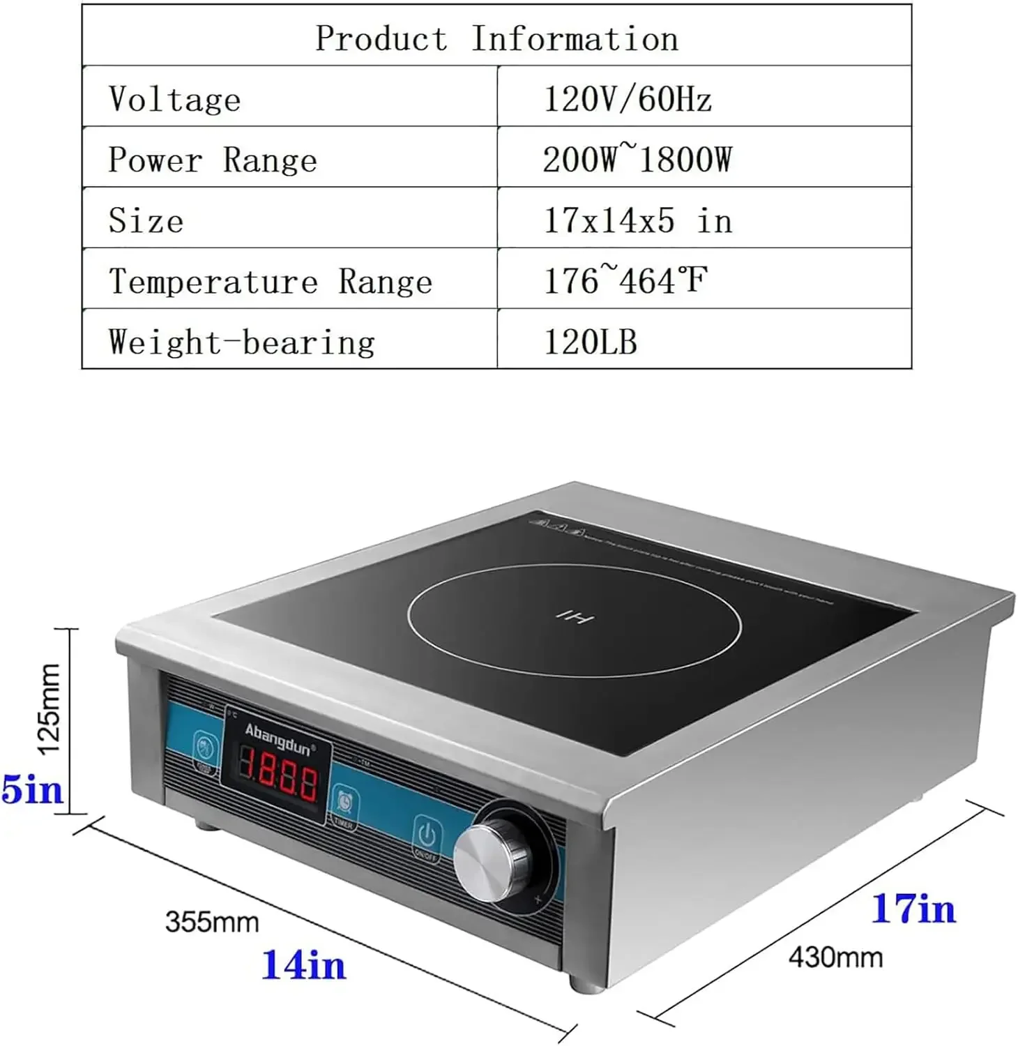 Countertop Burner 1800 W /120V Commercial Induction Cooktop 9 Inch Heating Coil Hot Plate Even Heating at each power level