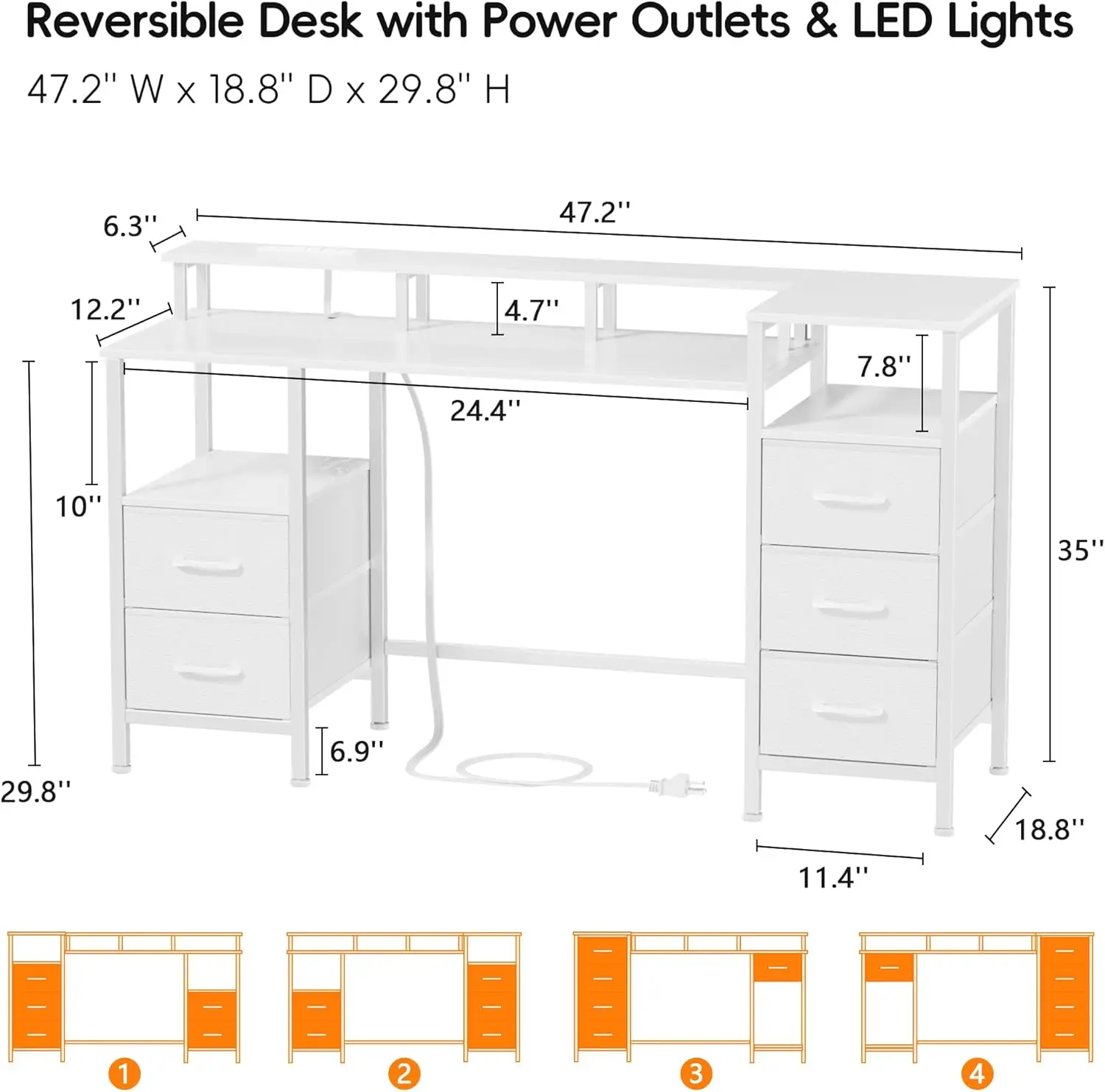 Bureau d'ordinateur blanc avec prises de courant et lumières LED, bureau de jeu réversible avec 5 rangements en tissu