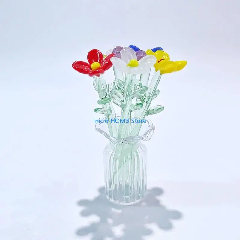 A5YD Miniature Glass Flower and Vase Set Small Mini Glass Birth Month Flower with Stem Crystal Wildflower Bouquet Home Decors