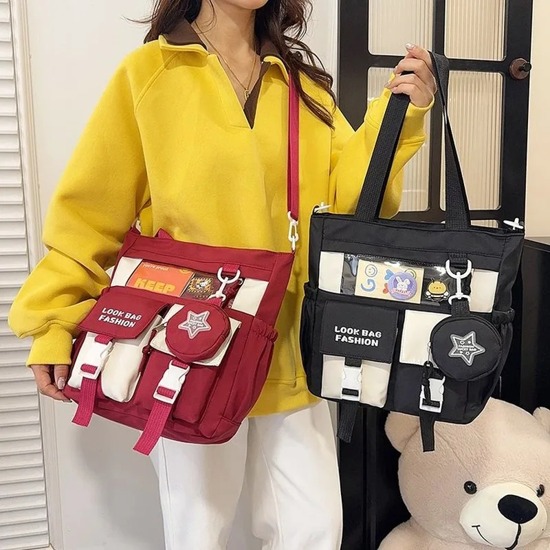 Kawaii Colorblock Tote Crossbody Bag with Mini Coin Pouch for Students Daily School Travel Use