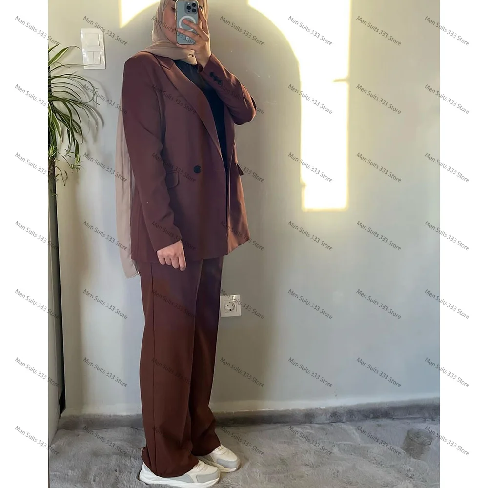 Muslim Elegant Women Suits Double Breasted Peak Lapel High Quality Outfits Set Solid Color Formal Party 2 Piece Jacket Pants