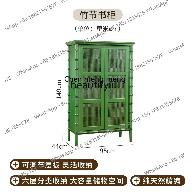 xz1Retro handmade old green natural rattan magazine storage cabinet American furniture