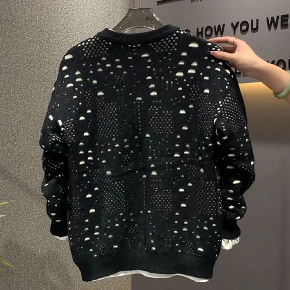 Mens Sweater Cotton Hollow Contrast Color Knitted Sweater Fashion Streetwear Trend Youth Casual Long Sleeve Top Men'S Clothing