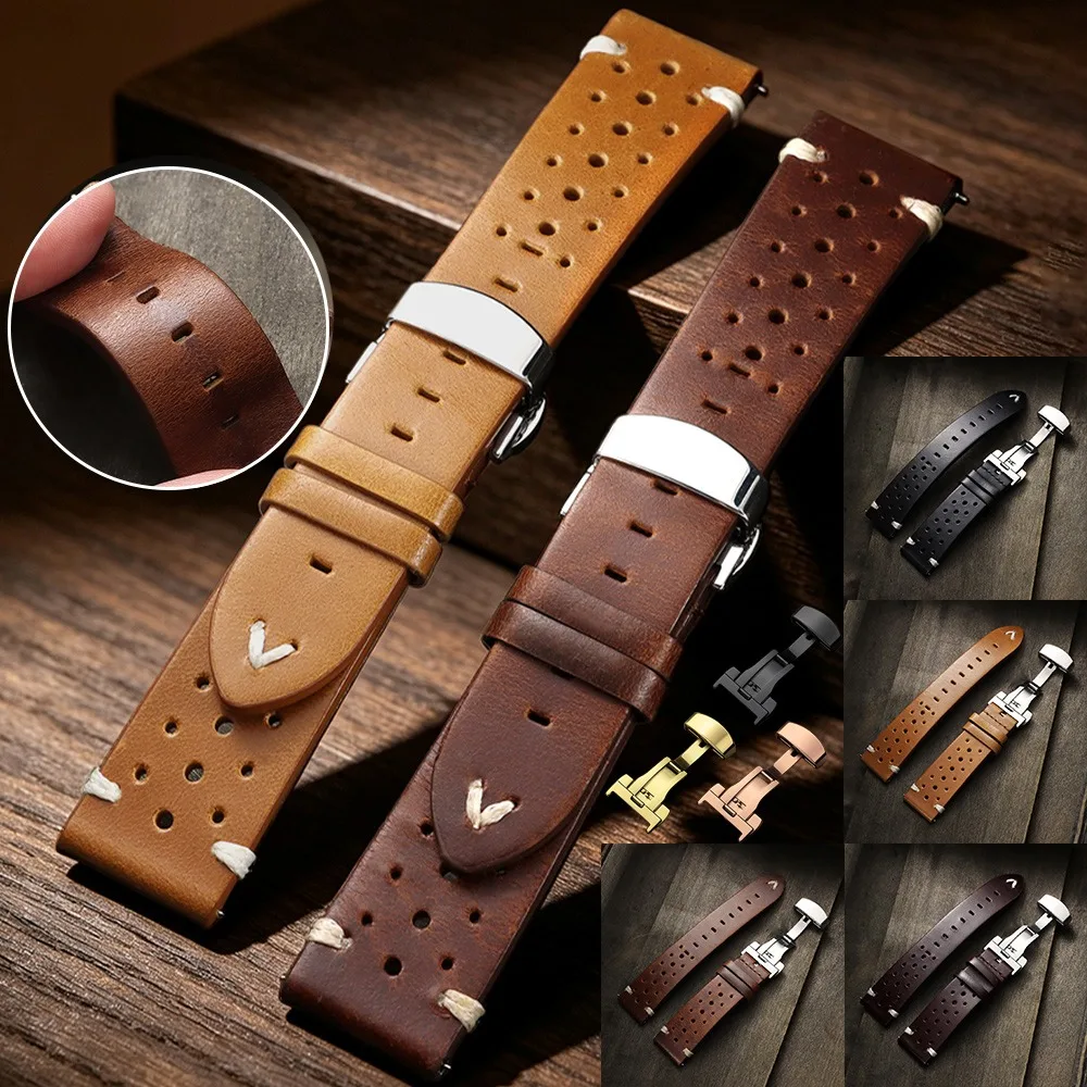 20mm 22mm Leather Strap Accessories Vintage Oil Quick Release Butterfly Clasp Watchbands Smartwatch Bracelet for Rolex for Omega