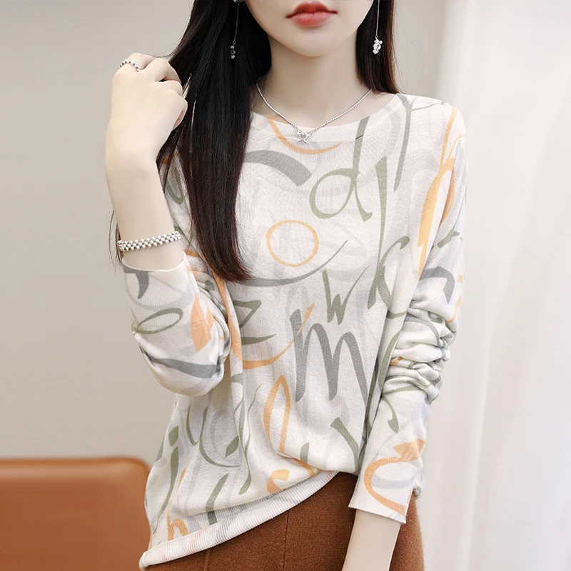 Spring Autumn New Fashion Cashmere Sweater Women\'s Worsted Wool O-Neck Thin Long Sleeve Knit Pullover Flower Pattern Printed Top