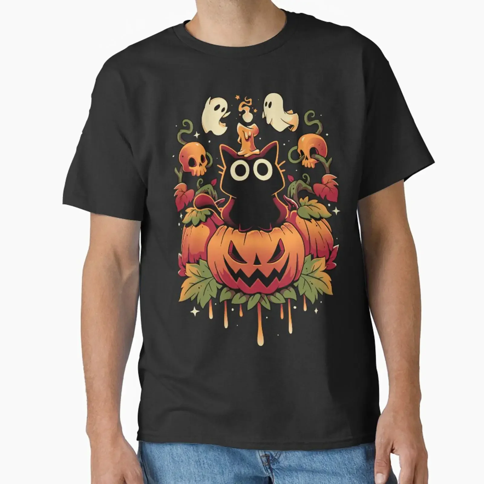 Halloween Candle Trick Autumn Cat Classic T Shirt vintage Washed Versatile Casual Comfortable fashion Breathable homme