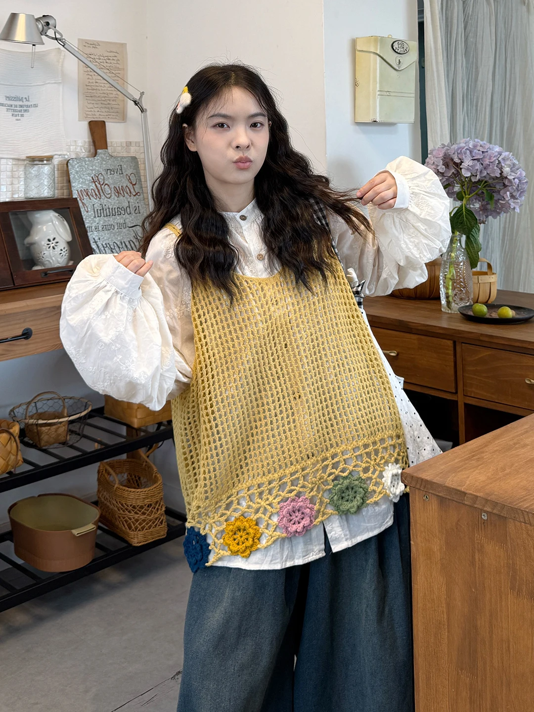 

Large Size Women's Sweet Handmade Crochet Hollow Knitted Vest Set Spring Art Forest System Two-Piece Set Korean Sle Loose Fit