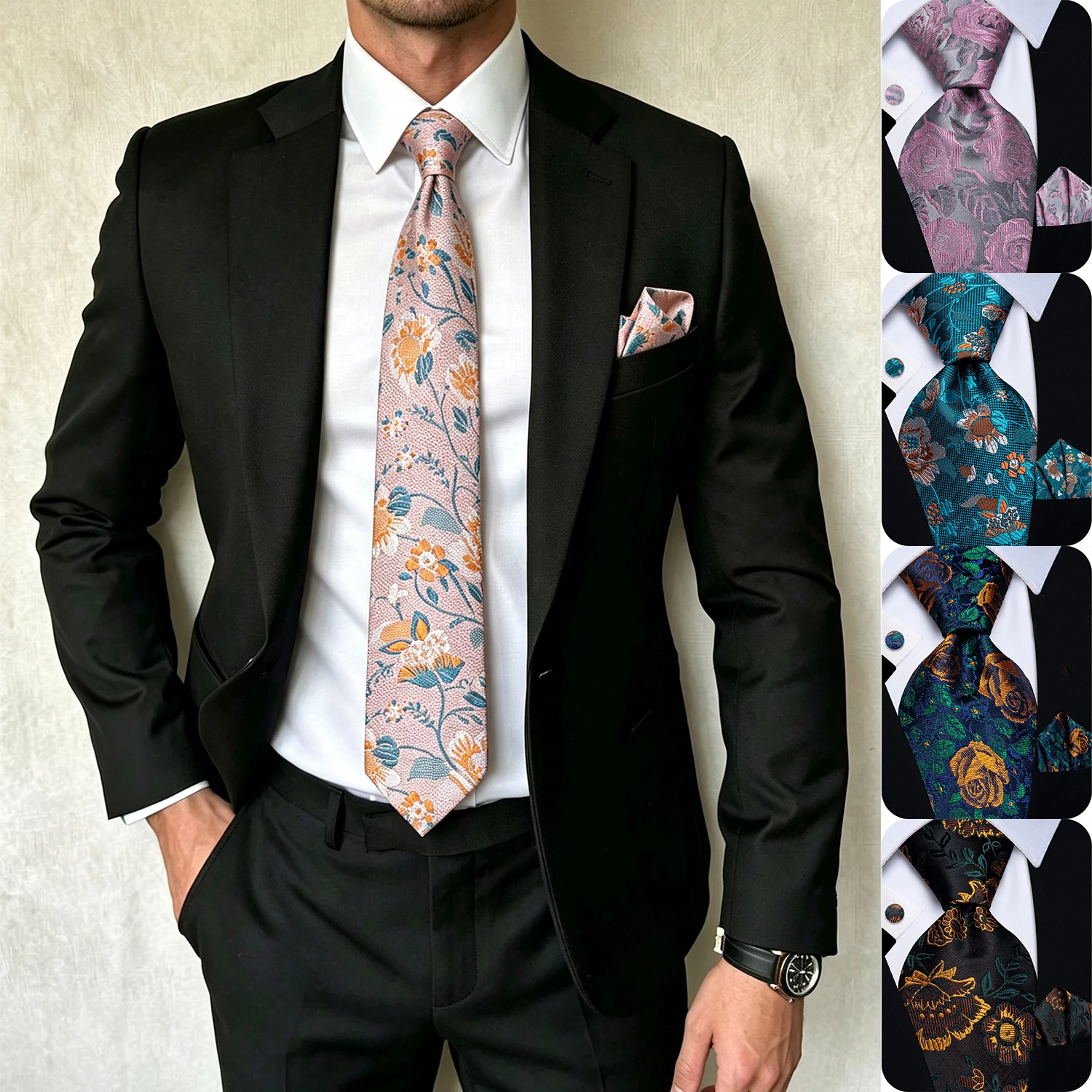 Men's Floral Necktie Pocket Square Cufflinks Set, Formal Tie for Groomsmen Wedding Business Party Dinner Prom Gift