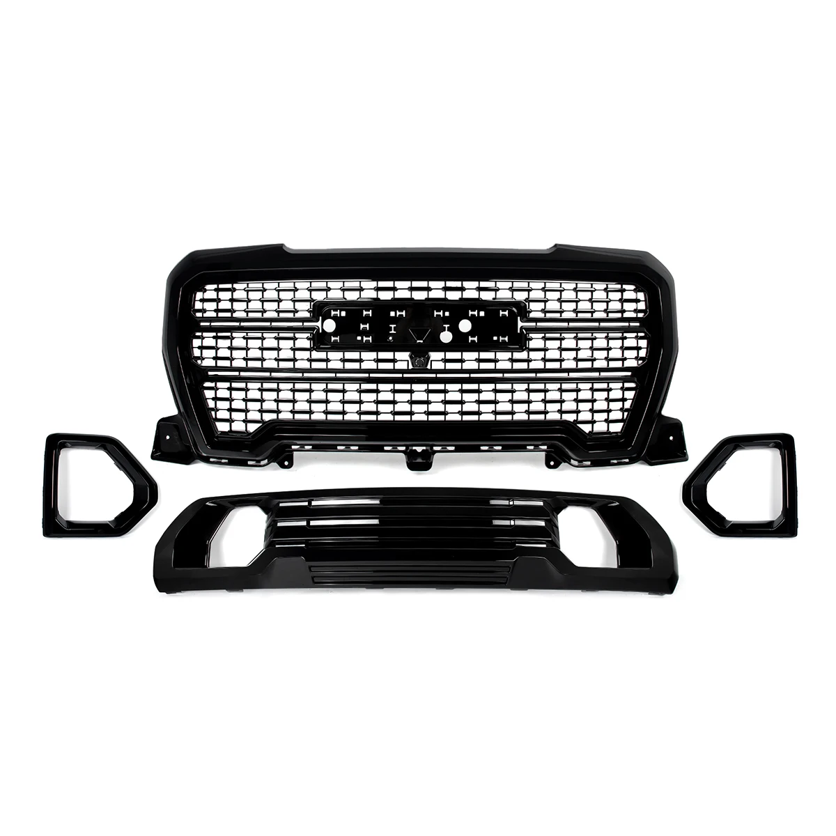 4pcs Modified Grille Assembly Fit For 2019-2022 GMC Sierra 1500 Denali AT4 Front Upper Grille+Bumper Valance Plate+Fog Bezel Kit