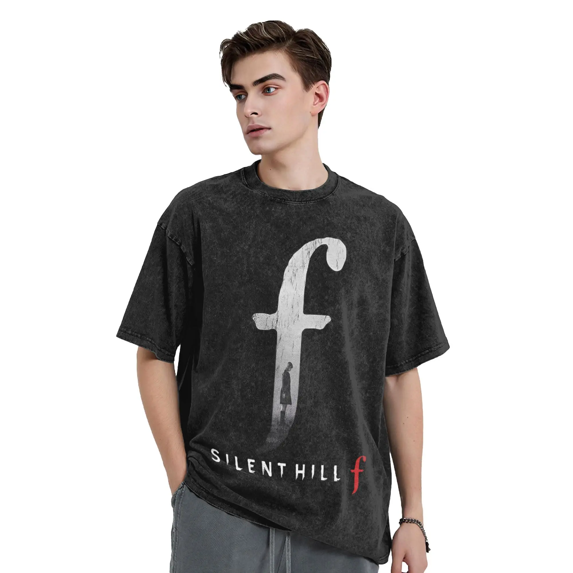 Washed T Shirt Silent Hill F Horror Game Hip Hop T-Shirts Oversize Streetwear 100% Cotton Graphic Printed Tees for Men Women