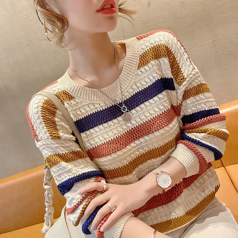 Woman T-shirt Slim Clothing 2024 Knitted Top for Women Tshirt Crochet Loose Striped Korea Stylish Sale Emo Cool E4691